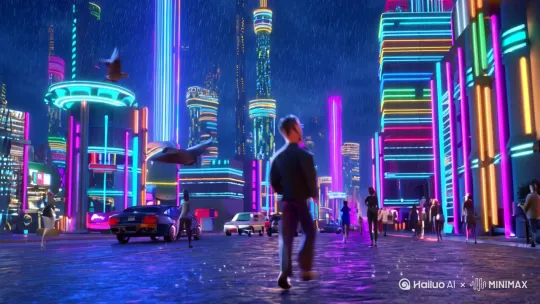 时间静止的未来感街道，悬浮的雨滴、定格的飞鸟、凝固的车流，霓虹灯光在空气中流淌，行人保持奔跑/回眸/交谈的瞬间，赛博朋克色调，冷蓝与荧光紫交织，3D渲染，科幻电影氛围 by Hailuo AI Video Generator