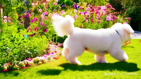 一只胖嘟嘟的小白狗在花丛中追蝴蝶 by Hailuo AI Video Generator
