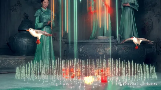 古风玄幻水墨动画MV/冷翡翠色调/流动的篆字化作花瓣/月光在青铜器表面流淌/半透明魂魄穿过五十道弦光/杜鹃鸟滴血成朱砂/玉镯在火焰中汽化/无数个轮回的倒影在瞳孔重叠/泪珠坠地变成珍珠的特写/使用虚幻引擎渲染粒子消散效果/服装参考晚唐壁画褪色质感/大量柔光与动态模糊/每秒24帧抽掉3帧制造恍惚感 by Hailuo AI Video Generator