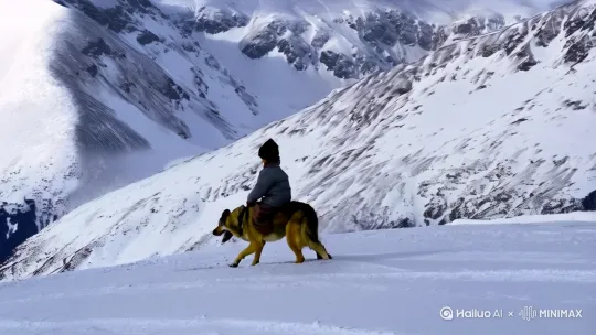 冬季，连绵的山脉，雪崩大面积发生，小男孩骑着藏獒，飞奔下山的视频。不要汽车的镜头（左移、右摇、跟随） by Hailuo AI Video Generator