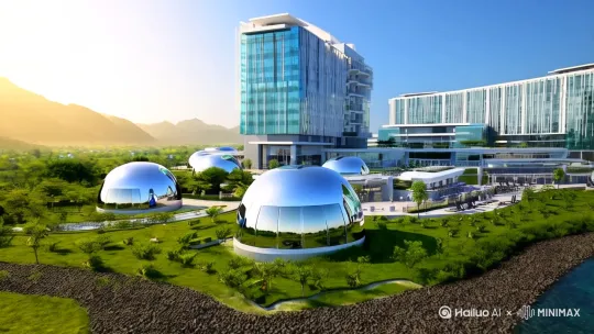 西缘智慧社区
一个以区块链AI技术打造的智慧社区。在全国5A 级风景区，打造以太空仓为主的智能化管理的休闲工作社区。
社区采用智能化管理，公共园区内的，餐饮，咖啡，购物，洗衣等都是自助的。安防，门禁等都由物联智能系统运作的。
太空仓摆放四周，中间区域是健身房，自助餐厅，休闲吧等。 by Hailuo AI Video Generator