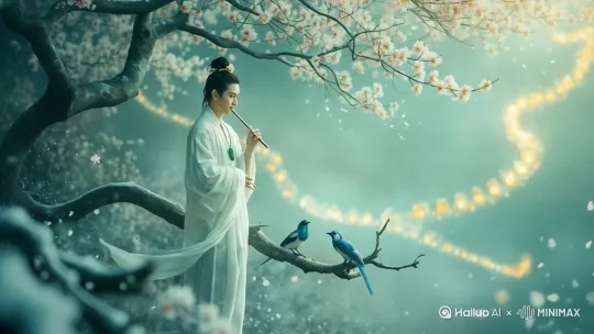 生成动态视频，公子吹萧，小鸟叽叽喳喳。 by Hailuo AI Video Generator