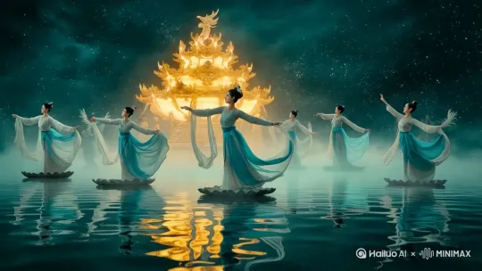 生成动态视频，舞女水面舞蹈。 by Hailuo AI Video Generator