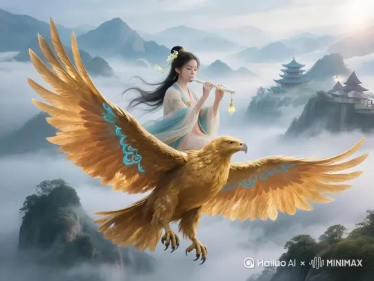 画面中的人物骑着飞行兽在天空中自由飞翔，镜头跟随人物移动 by Hailuo AI Video Generator