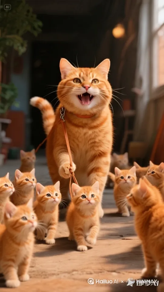 厂大橘猫带着小橘猫走在街上好高兴的群小橘猫 by Hailuo AI Video Generator