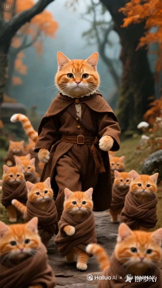 十大橘猫带领小猫走在路上 by Hailuo AI Video Generator