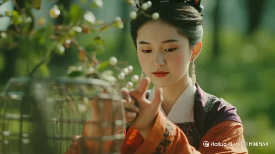 **【运镜设计】**
1. **开场镜头**（0-3秒）：
   - 俯拍桑篮缓缓入画，发丝系带随风飘动
   - 镜头沿桂枝钩上滑，露出罗敷侧影

2. **服饰展示**（4-7秒）：
   - 环绕运镜：从倭堕髻珍珠流苏→耳畔明月珠→颈后散落的碎发
   - 升降镜头：紫襦刺绣→缃裙褶皱→桑篮中鲜桑叶

3. **动态捕捉**（8-12秒）：
   - 慢动作：抛接桑枝时广袖翻飞
   - 定格动画：拾取落地珍珠的纤手特写 by Hailuo AI Video Generator