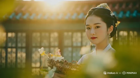 【分镜3：采桑动态】（9-15秒）
🎥 运镜：环绕运镜+慢动作
• 皓腕翻折桑枝的特写
• 裙裾扫过晨露的慢镜头
• 腰间玉佩随动作轻晃（叮咚声效 by Hailuo AI Video Generator