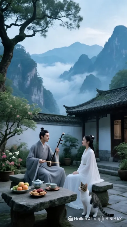 男子手在不停地拉着二胡，唯美画面，长时问曝光，浅景深，漫射光，伦勃朗光，电影光效，意境构图，32K高清，镜头由远及近到人物面部特写，表现二人的专注神情。 by Hailuo AI Video Generator