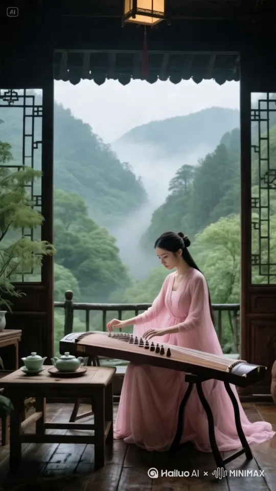 镜头从左到右环绕运镜，展示姑娘弹琴的周边环境，姑娘的手指在不停地拨动，唯美画面，3D肌里，Buff叠满，8k高清，电影质感，意境构图 by Hailuo AI Video Generator