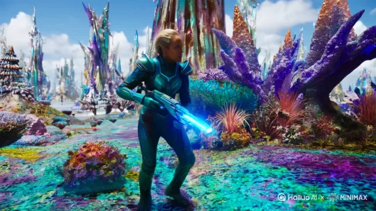 一名外星人战士，在一个奇异的世界里面，拿着能量武器准备埋伏敌人 by Hailuo AI Video Generator