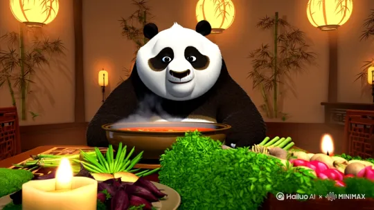 帮我创作一只熊猫在吃火锅的视频 by Hailuo AI Video Generator