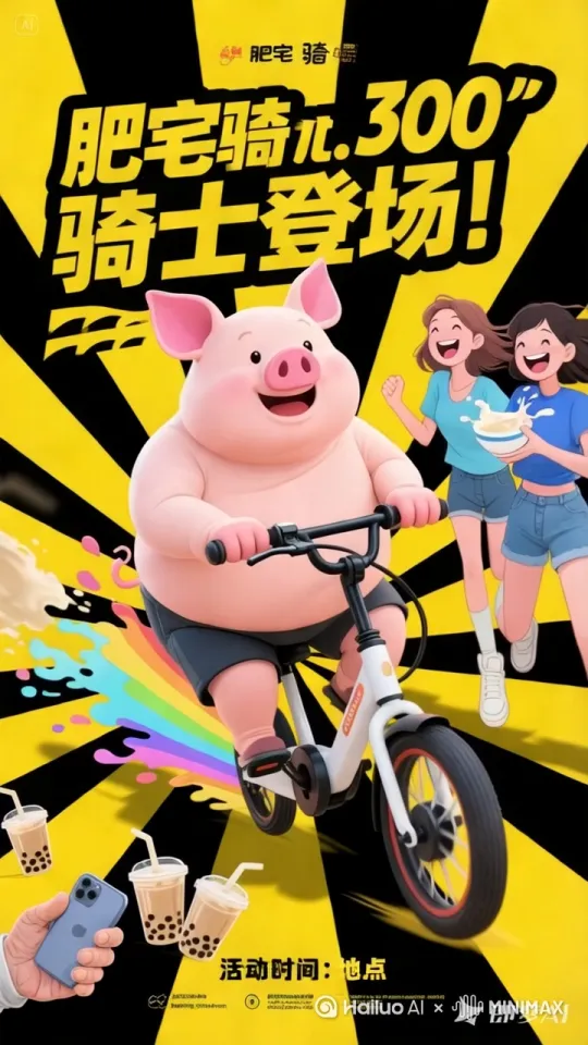 小猪骑上车旋转360度，众人纷纷惊讶的拍手 by Hailuo AI Video Generator
