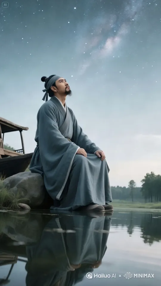 [右摇,变焦推进]男人独坐车外石上，仰望天际星辰，低声自问，向右上方变焦推进到夜空的银河 by Hailuo AI Video Generator