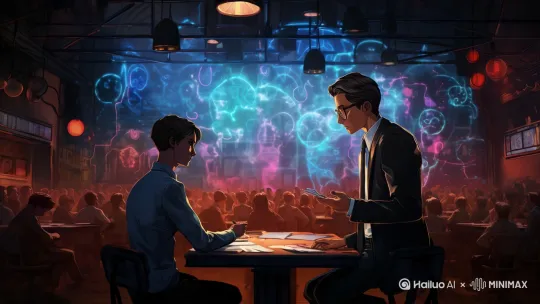 片中主体的两人激烈讨论，手势也在不断地笔画，背景中的人也在不断说话或者鼓掌但没有人走来走去，背景中上方的蓝色部分不断闪烁 by Hailuo AI Video Generator