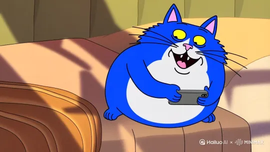 蓝色，嘴巴和肚子一块白色的卡通胖猫做在床上玩手机嘴里不断讲话 by Hailuo AI Video Generator