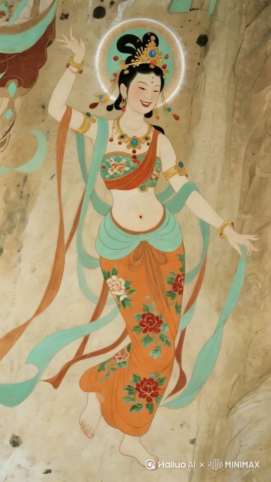 随着一阵彩光笼罩，壁画女子飞出壁画，向石窟外飞去。画面流畅丝滑，每一帧都绚丽无比，镜头跟随迅速后移， by Hailuo AI Video Generator