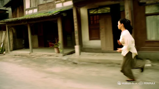 镜头采用近景跟随，
一位休闲装的中国女子在街道旁的农村建筑边飞速奔跑，脚步轻盈。
当靠近古旧的二层建筑时，她借助奔跑惯性,如矫健的飞鸟猛地腾空，以惊人速度跃上二楼。未作停留，又旋即发力，再次高高跃起扑向三楼。
镜头始终采用近景动态跟随，运镜紧紧跟随其奔跑轨迹，让人仿佛置身这场极速追逐之中。
画面为16K高清画质，写实渲染突出人物的力量和动作的流畅，人物不变形。比例 9:16。 by Hailuo AI Video Generator