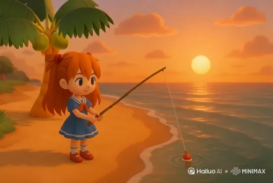 海风，海面缓动，椰子树叶缓动，人物眨眼，头发缓动 by Hailuo AI Video Generator