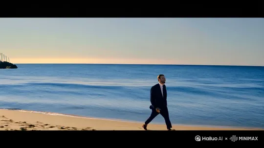 [下摇]一位身穿西装的男士[左移,推进,右摇]向沙滩走去[推出,上升,下摇]眼前的大海很蓝[右摇,变焦推进]大海很漂亮[左摇,变焦推进]男人开心的微笑[右移,跟随]男人缓慢走进沙滩上[左移,上升]镜头直接拍下整片沙滩和海洋 by Hailuo AI Video Generator