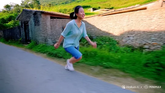 农村跑酷	通义【文生视频】	镜头采用近景跟随，一位休闲装的中国女子在街道旁的农村建筑边飞速奔跑，脚步轻盈。当靠近古旧的二层建筑时，她借助奔跑惯性，如矫健的飞鸟猛地腾空，以惊人速度跃上二楼。未作停留，又旋即发力，再次高高跃起扑向三楼。镜头始终采用近景动态跟随，运镜紧紧跟随其奔跑轨迹，让人仿佛置身这场极速追逐之中。画面为 16K 高清画质，写实渲染突出人物的力量和动作的流畅，人物不变形。 by Hailuo AI Video Generator