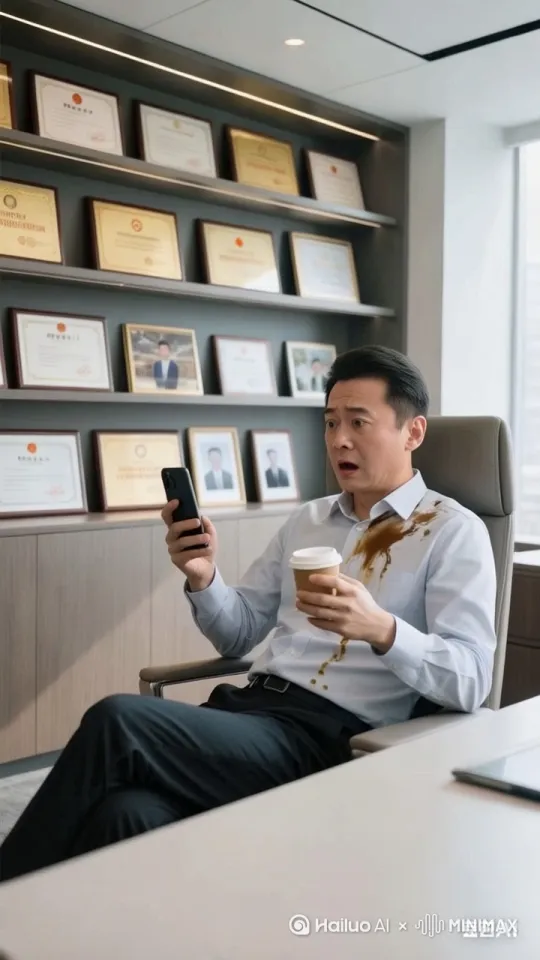 李总坐在座位上看手机，突然看到一个消息很震惊，咖啡都不小心洒到了衣服上 by Hailuo AI Video Generator