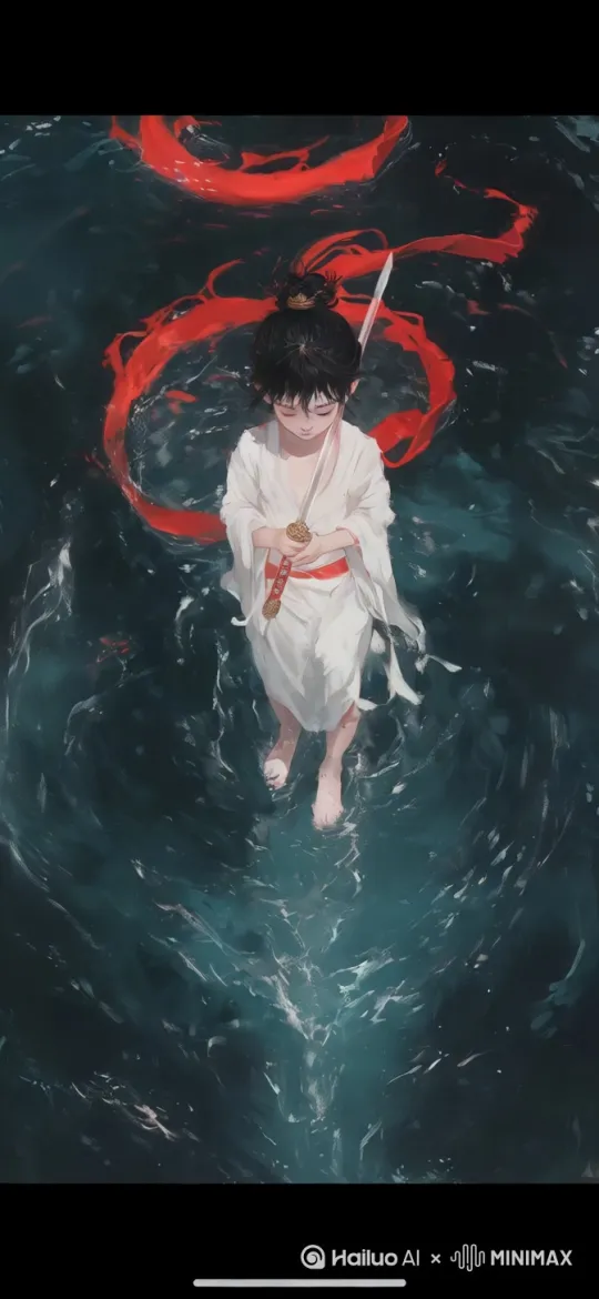 水面很缓慢的流动，红色飘带飘动[固定镜头] by Hailuo AI Video Generator