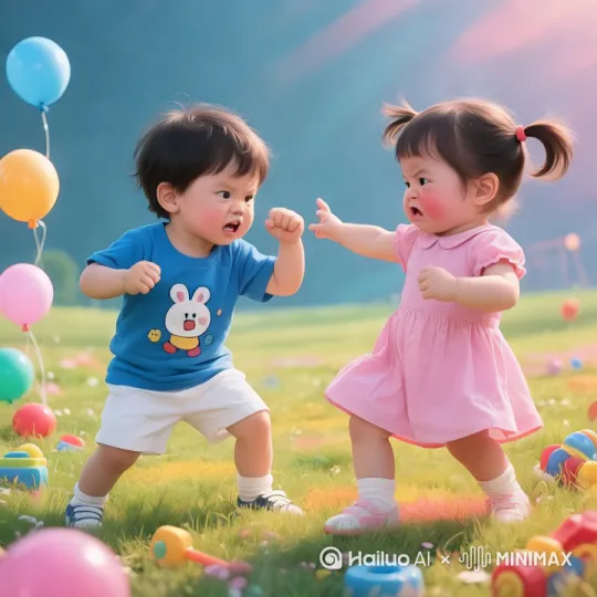 两个小孩快速打斗，男孩拳击脚踢女孩，女孩也拳击脚踢男孩，双方攻打激烈，近景拍摄 by Hailuo AI Video Generator