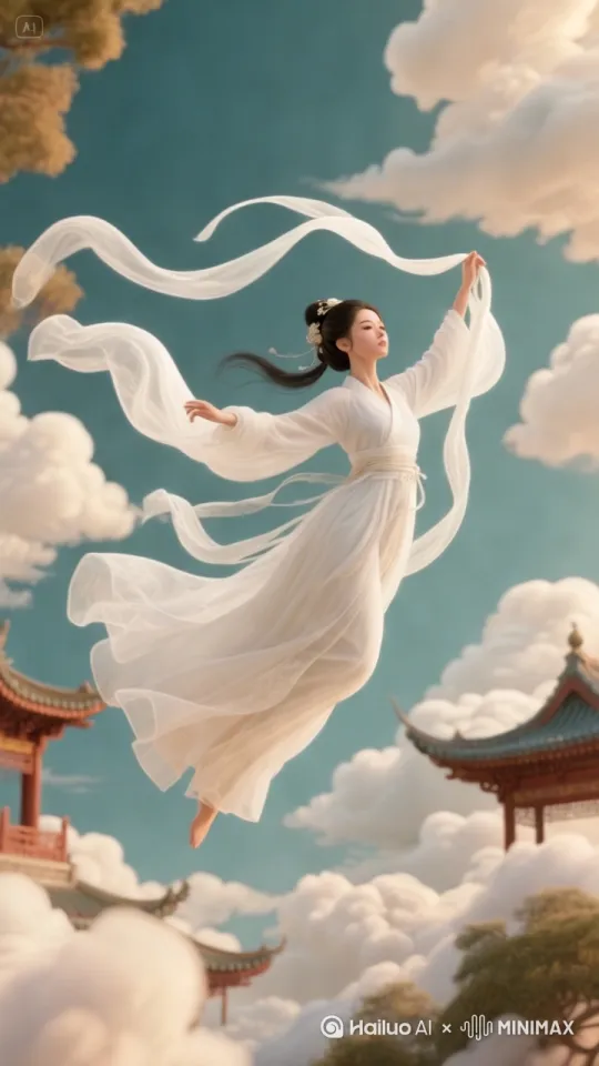 图中女子指挥白色轻纱飞行，白色轻纱围绕着女子，特效跟随，镜头跟随，场景呈动态 by Hailuo AI Video Generator