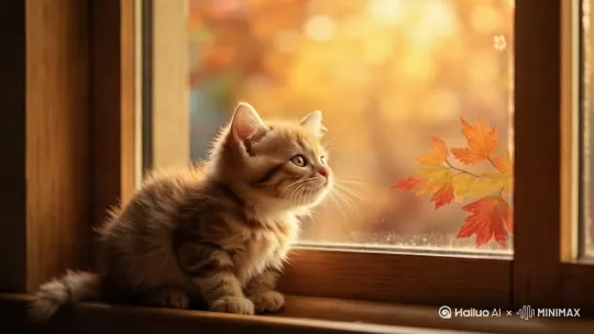 "Adorable orange kitten with big round eyes peeking out of a sunlit window, garden visible outside, soft morning light, cinematic shallow depth of field, 4K detailed fur texture, warm color palette"  
[左移,推进,右摇] by Hailuo AI Video Generator