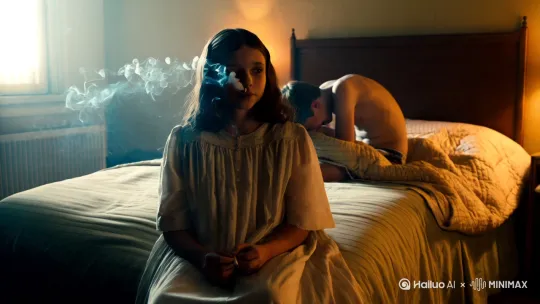 一个女生穿着睡裙坐在床边抽烟，另一个男生穿了一条短裤在床上抱着被子哭 by Hailuo AI Video Generator