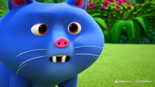 生成一个可爱的蓝色胖猫在吼一只小猪的7秒视频 by Hailuo AI Video Generator