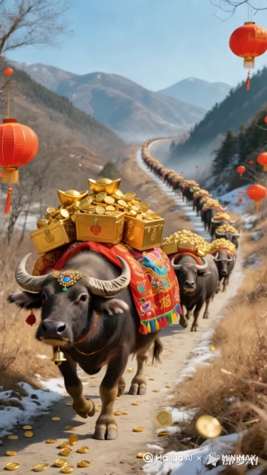 固定镜头，水牛冲向屏幕，金币不停掉落在地面，高速摄影，高清，不模糊，不变形， by Hailuo AI Video Generator