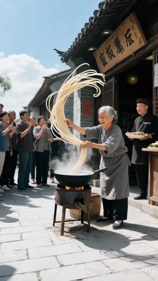 帮我生成视频：老奶奶双手拉着板面，时而双脚飞蹬飞向空中，时而原地旋转快如旋风，最后将苗条一根不落的投入铁锅之中，周围的人不时拍手叫好，连连惊叹。锅中热气腾腾，锅底火焰跳动。 by Hailuo AI Video Generator