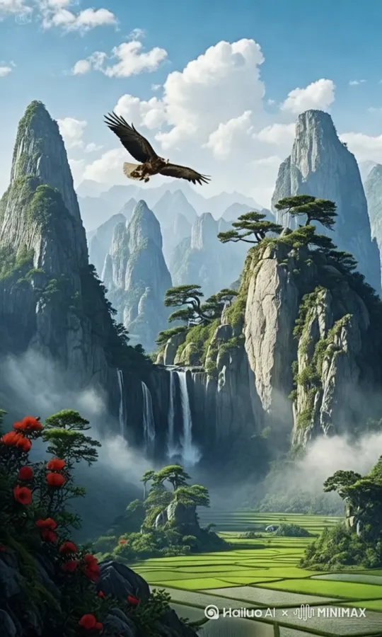 老鹰飞出画面，运处的水飞流直下。[推进,上升] by Hailuo AI Video Generator