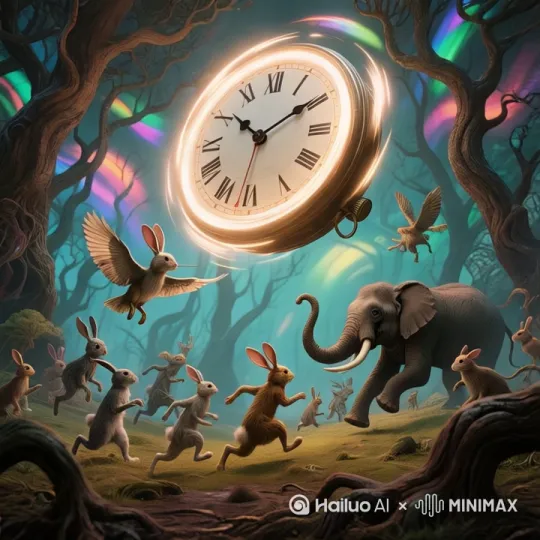 画面风格为奇幻荒诞风，色彩鲜艳且对比强烈。森林中树木扭曲怪异，阳光穿过树林形成五彩光芒，空气中有闪烁粒子。一只长着翅膀的兔子好奇张望，随后巨大怀表形状时钟散发柔和光芒从天空缓缓落下，指针飞速旋转，罗马数字闪烁。兔子们惊慌，大象惊恐闯入呼喊快跑，说时钟会偷走时间。兔子们和大象一起朝森林深处逃窜，时钟指针转得更快并发出光线阻拦。一只小兔子摔倒，被奇异光芒笼罩，光芒散去后身处陌生之地，其他动物和时钟消失。 by Hailuo AI Video Generator