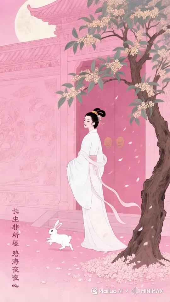 [右移,左摇,跟随]嫦娥在桂花树下，衣服随风飘动，玉兔在奔跑，镜头360度旋转。不要脸部扭曲，国风插画。比例 9:16。 by Hailuo AI Video Generator