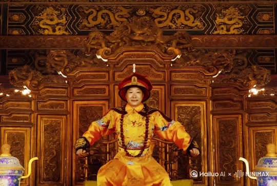 目视前方，慢慢起身，左胳膊背到身后，右胳膊向内弯曲 by Hailuo AI Video Generator