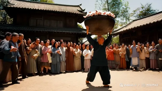 一个中国农村的村口，一个大爷正举着一个非常巨大的鼎，鼎里面全是小猪仔，周围许多人围观，
老大爷，少林功夫。踢击瞬间，爆发力，腾空飞脚，空中飞纵。动作如箭。线条张力伸手。光影与质感。荒诞视频 by Hailuo AI Video Generator