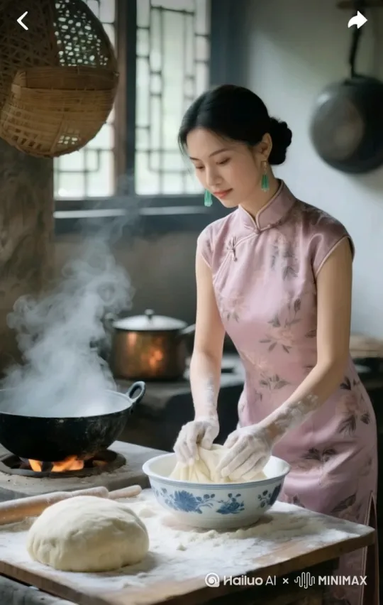 美女把手中的面在空中转了几圈，就变成了拉面，放进锅里，煮面，荒诞惊奇的动作 by Hailuo AI Video Generator