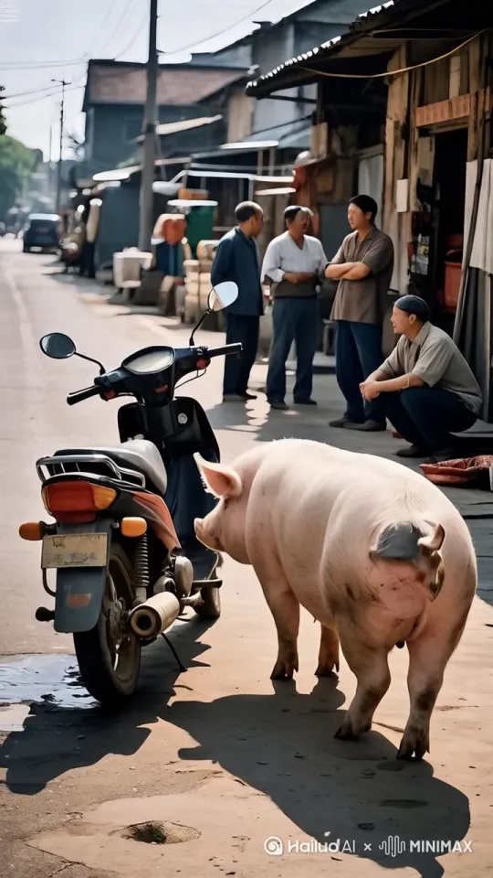 猪提起摩托车转了一圈，然后猪驾驶摩托车，沿着公路，向远方行驶，居民都在哈哈大笑。 by Hailuo AI Video Generator
