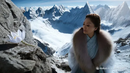 一个仙风道骨的女性道士在喜马拉雅峰顶摘下了一朵雪莲 by Hailuo AI Video Generator