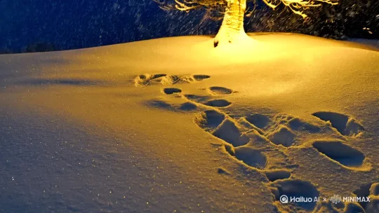 雪落无声，月光碾银尘。路灯蘸着暖黄，在雪幕画碎金。枝桠挑碎星子，脚印深一脚浅一脚，踩响寂静里的碎玉声。远近灯火都成了糖霜裹着的琥珀，风停在檐角，听雪粒簌簌扑进夜的褶皱里。 by Hailuo AI Video Generator