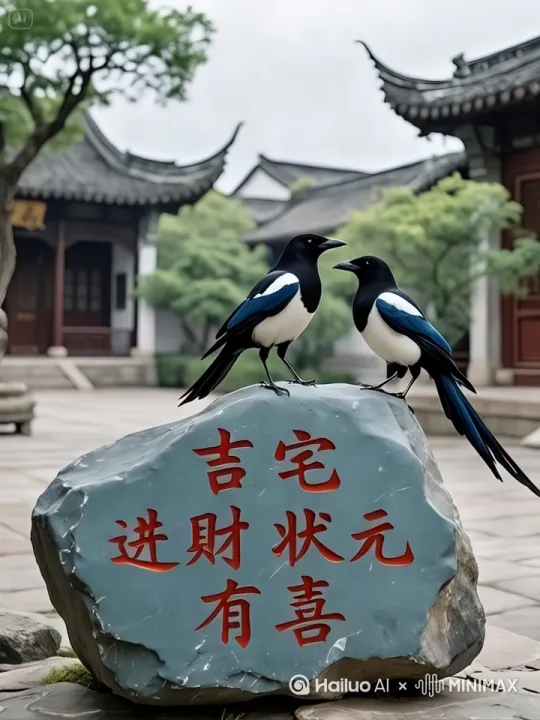 两只喜鹊合力从天上叼来一块巨石，放到院落地面，石头重达2吨。放下后，高兴的跳跃叫喳喳。 by Hailuo AI Video Generator