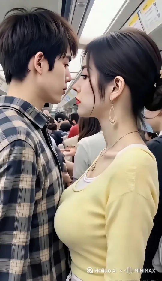 镜头以缓慢环绕的方式移动，同时两人进行互动。女子含羞低头，再抬眸对视，男子目光始终追随女子，车厢内人群和设施作为动态背景，营造氛围感。 by Hailuo AI Video Generator