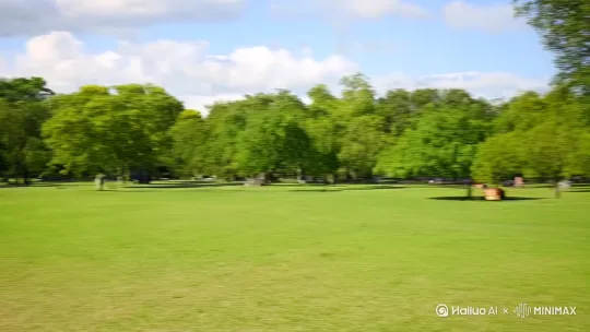 礼物帆船送给了爷爷，爷爷在公园植树是万里无云的公园格外引人注目的景象，汗水沁出爷爷没有休息，而是小心的扶正树苗，让它站的笔直 by Hailuo AI Video Generator