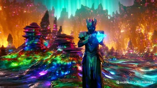 一名外星人战士，在一个奇异的世界里面，拿着能量武器准备埋伏敌人 by Hailuo AI Video Generator