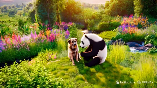 /狗和熊猫一起吃饭 by Hailuo AI Video Generator
