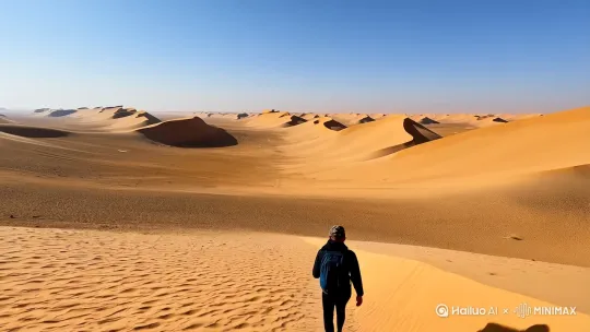 请帮我制作一部真实的视频不要动画效果，眼前是一片超大超高的沙漠，走过这片沙漠后面是和沙漠连在一起的非常雄伟的瀑布，要第一人称的 by Hailuo AI Video Generator