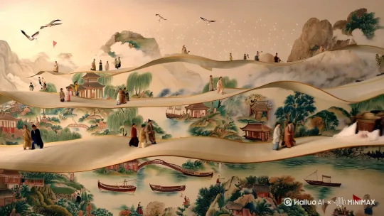 在无垠梦幻的空间中，一幅巨大的丝绸质感中国水墨画卷，横向立体悬浮于空，如轻盈的布帛随风自然起伏、翻卷、荡漾。画卷表面光泽细腻，边缘随气流轻轻扬起，动态波动充满真实布料的柔软与弹性。整幅画卷以透视角度铺展，空间层次丰富，近景细节清晰、远景渐虚。
 
画卷上描绘丰富国风山水与田园生活：潺潺溪流、青翠柳树、烟霞山峦、楼阁古桥、农舍渔舟，点缀着身着汉服的古风人物。人物沿画卷表面自由行走、驻足交流、嬉戏玩耍，动作自然流畅，偶尔有飞鸟穿梭、白鹤翱翔、炊烟袅袅、纸鸢高悬。所有元素随画卷波动同步微动，生机盎然，仿佛把诗画镶嵌在中华大地。
 
画卷背后为云霞弥漫的空灵背景，点缀细微光斑和漂浮微尘，氛围诗意空灵。画面色调温润雅致，水墨淡彩交融。镜头可缓慢推进、环绕，突出画卷的立体空间感与布料动力学。背景乐为古筝、笛声和自然环境音，画面中淡雅书法字体渐显《道德经》经典诗句，与场景自然融合。
 
整体呈现诗画交融、如梦如幻、细节极致、空间流动、丝绸翻飞、国风氛围浓郁的动态大场景，极具东方美学与震撼视觉冲击力。 by Hailuo AI Video Generator